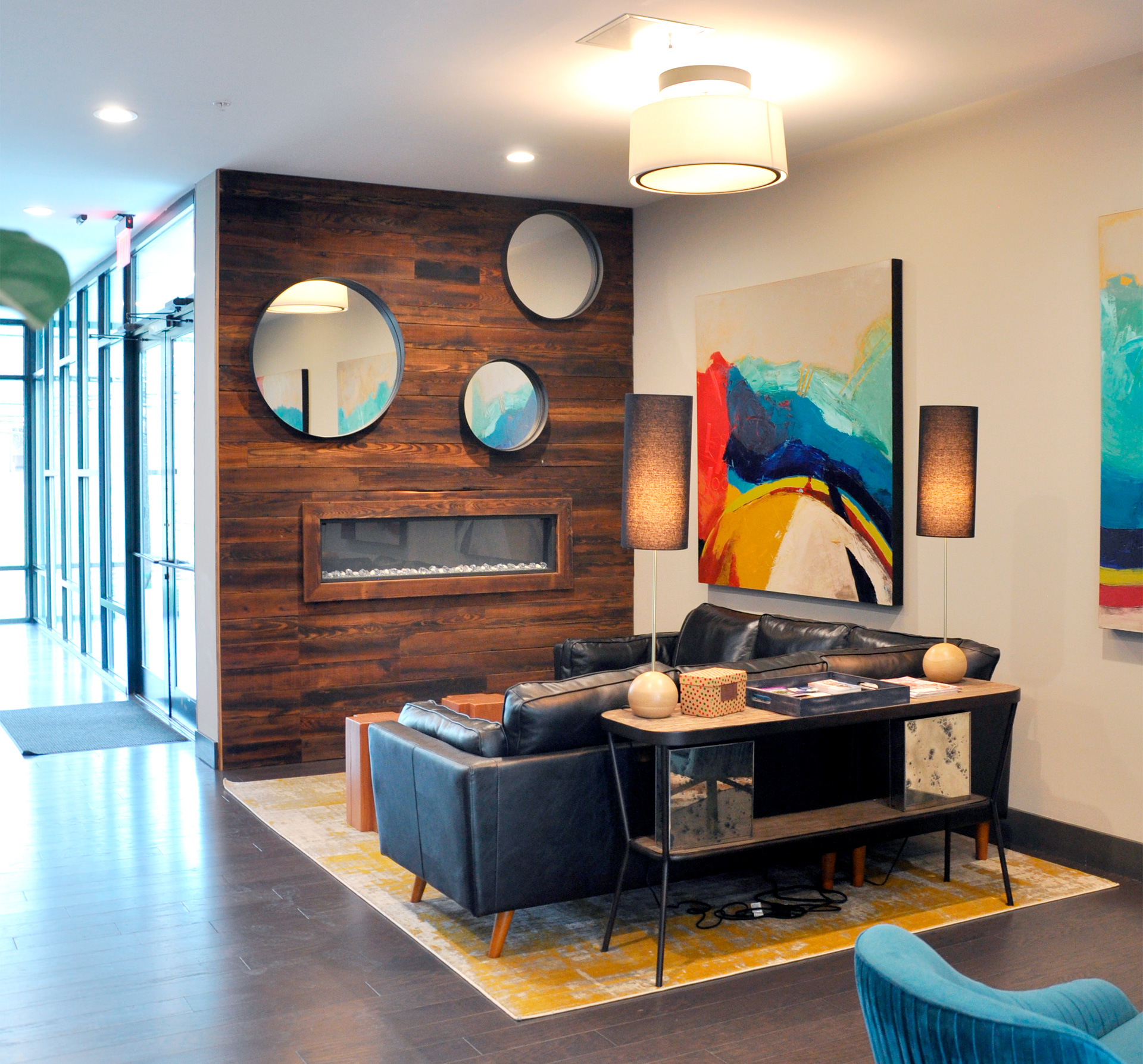 Sitting Area and Fireplace in a Lobby within 515 N Churton Street Condominiums.