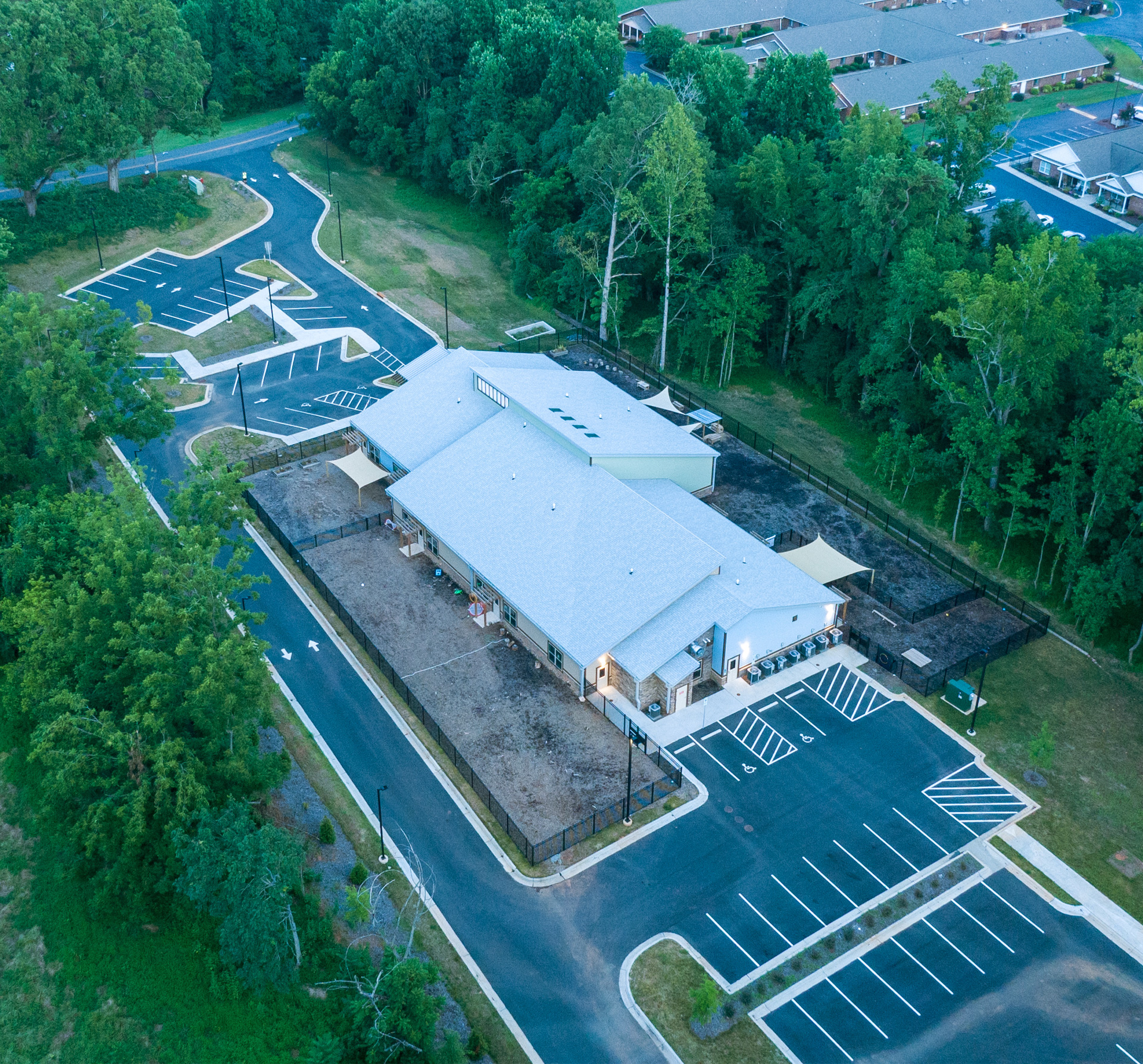 Aerial View of a Daycare and Parking Lot