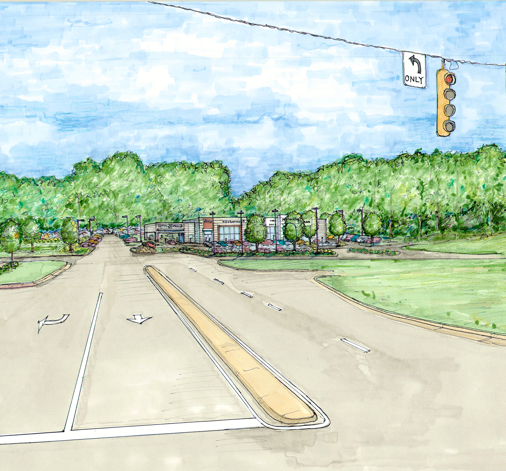 Concept sketch of an intersection and car dealership for the Highway 86 Development Rendering