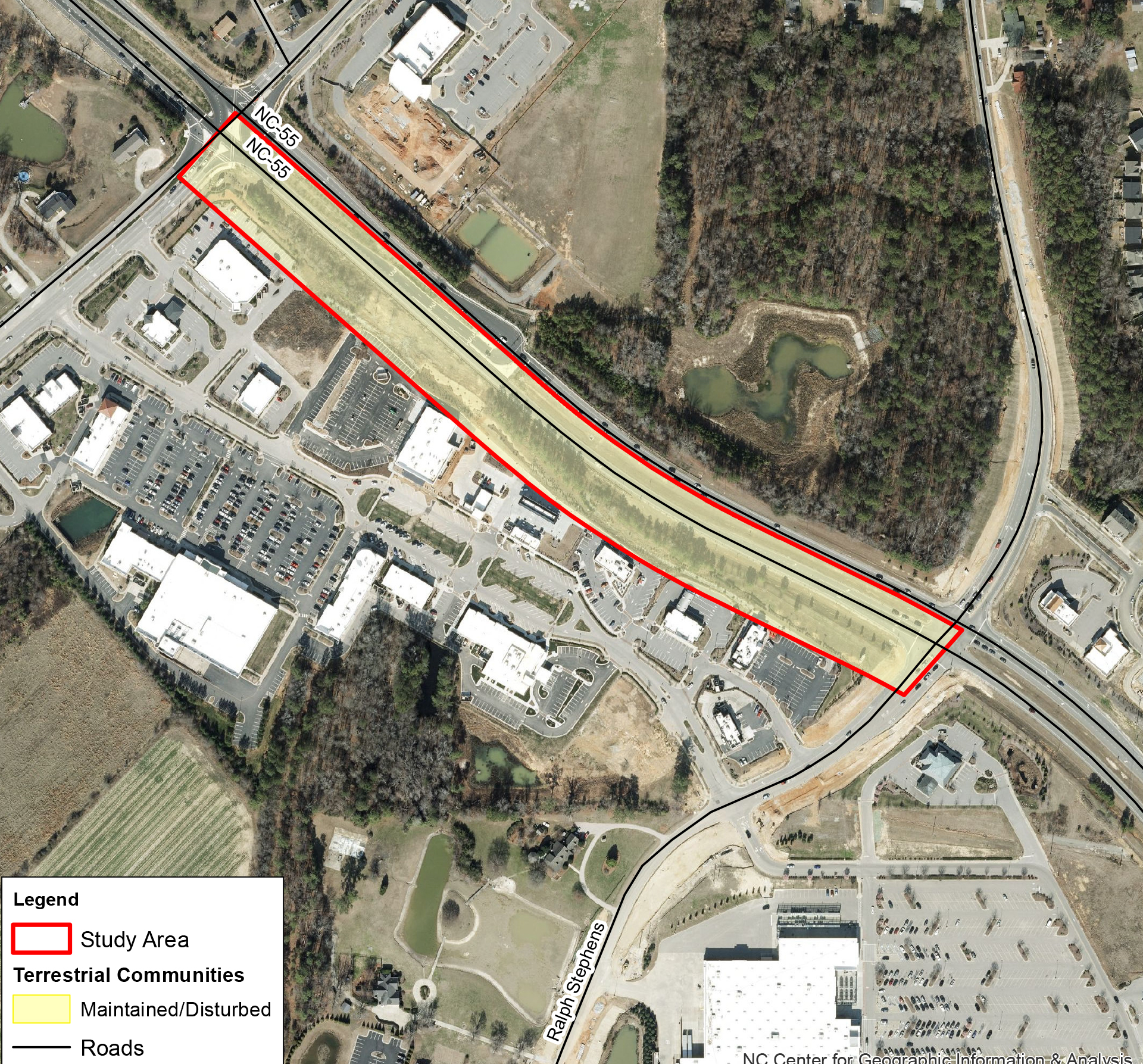 Highway 55 Turning Lane Widening study area and road map.