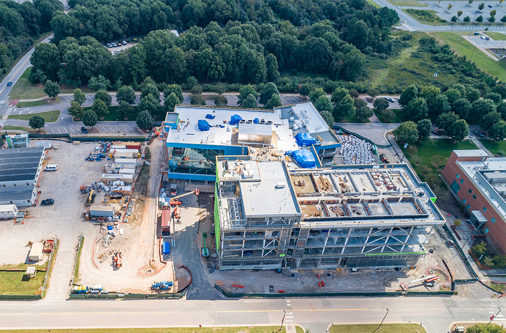 Aerial photograph of construction being done on the NCSU Plant Sciences Building.