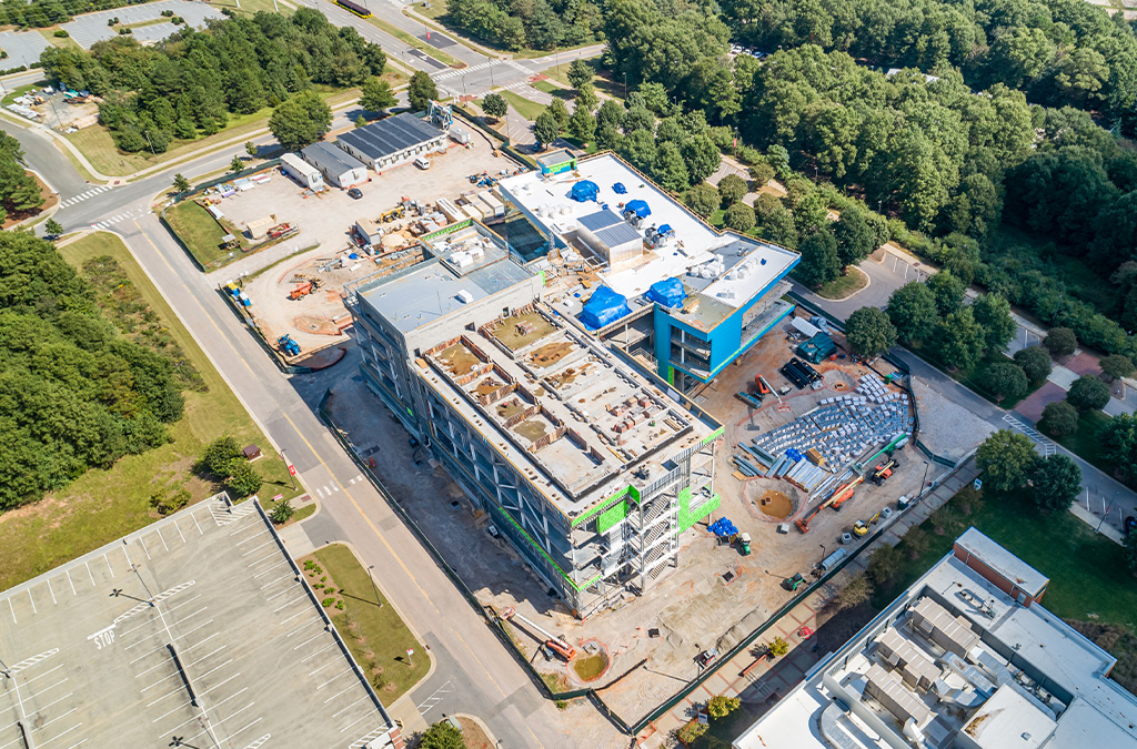 Overhead photograph of active construction at the NCSU Plant Sciences Building construction site.