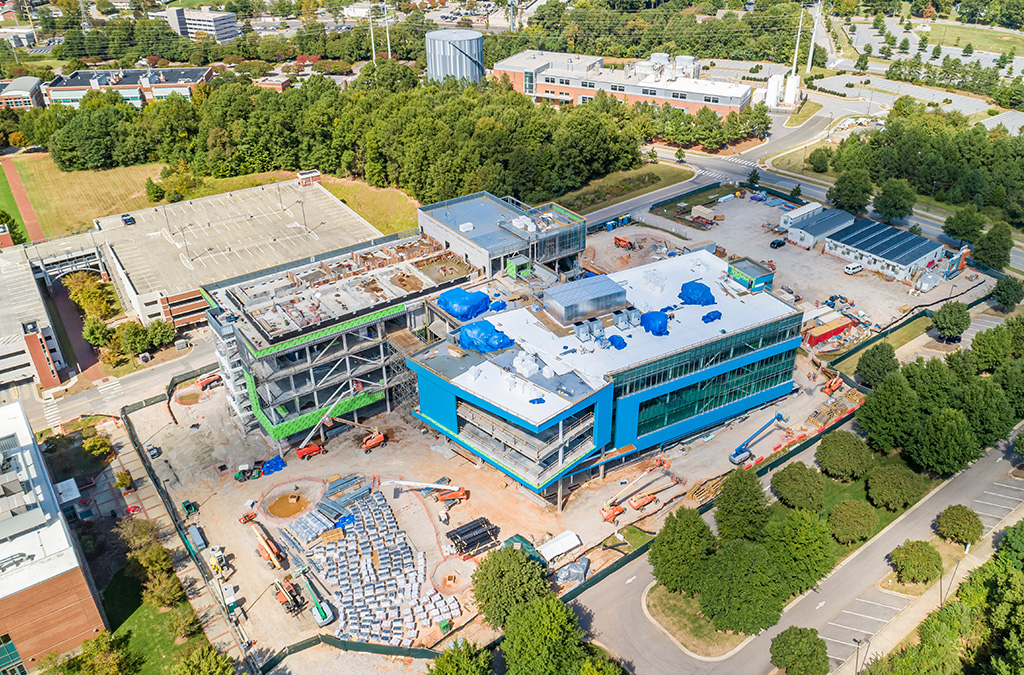 Aerial photograph of active construction at the NCSU Plant Sciences Building.