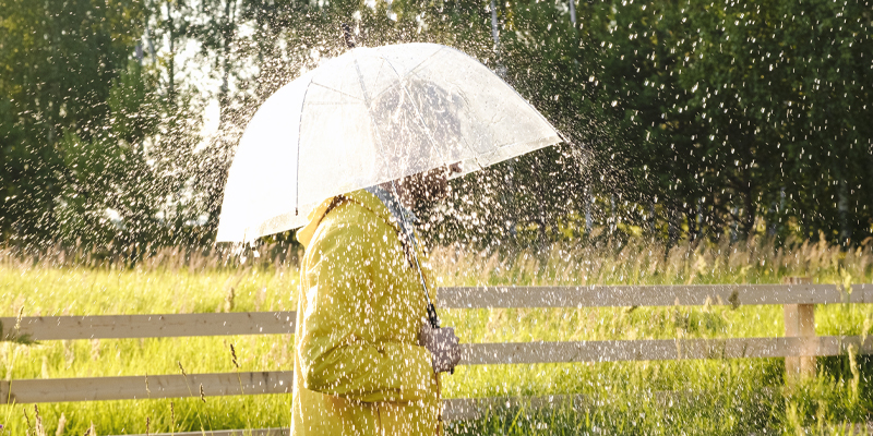 Person walking through the rain with an umbrella