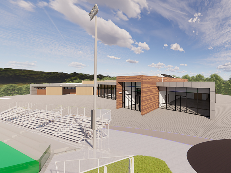 Exterior Rendering of the Mazareck Park Tennis Pavilion featuring outdoor seating and tennis court.