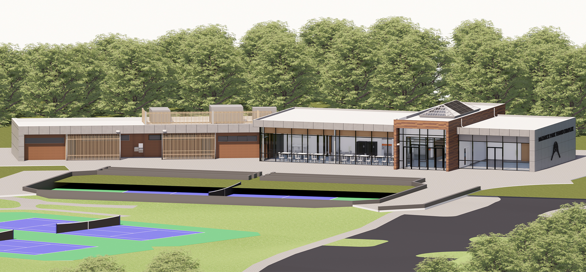Exterior Rendering of the Mazareck Park Tennis Pavilion featuring conceptual design work of the entirety of the complex and outdoor tennis pavilions.