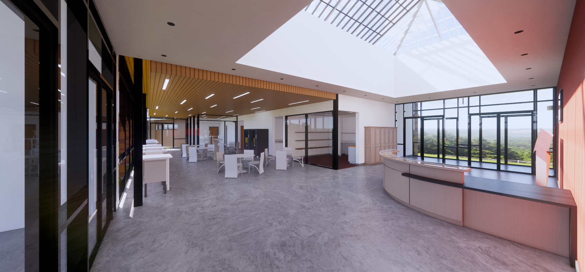 Interior Rendering of the Mazareck Park Tennis Pavilion featuring the lobby and break area.