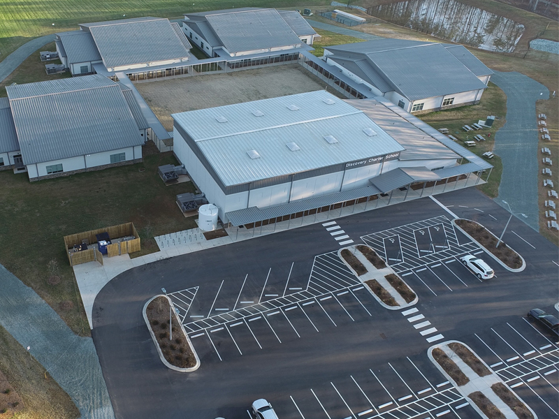 Aerial View of the Discovery Charter School Campus and Parking Lot