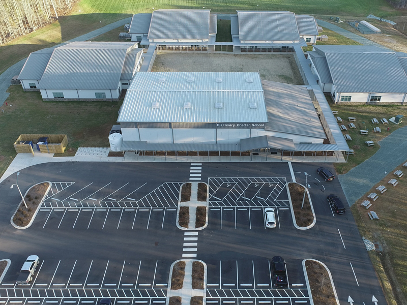 Aerial View of the Discovery Charter School Campus and Parking Lot