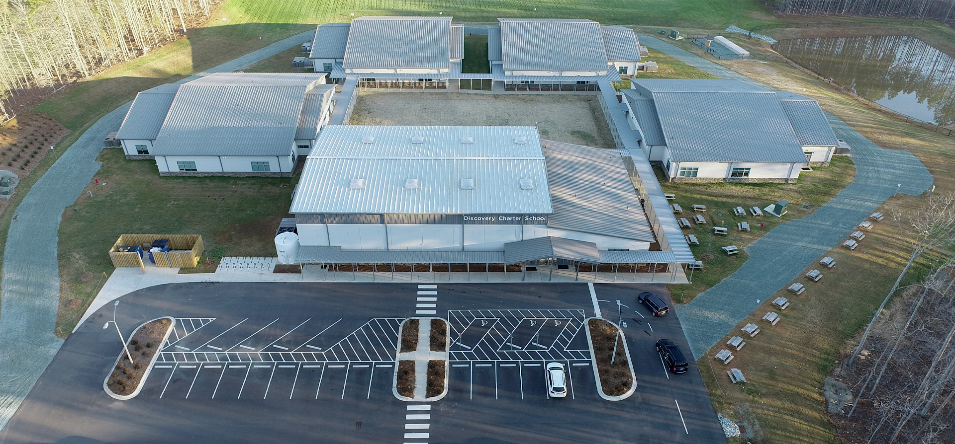 Aerial View of the Discovery Charter School Campus in Durham, NC