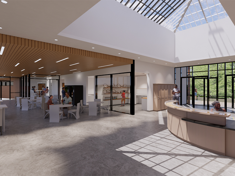 Mazareck Park Tennis Pavilion Concept - Architectural Design Rendering of front desk.