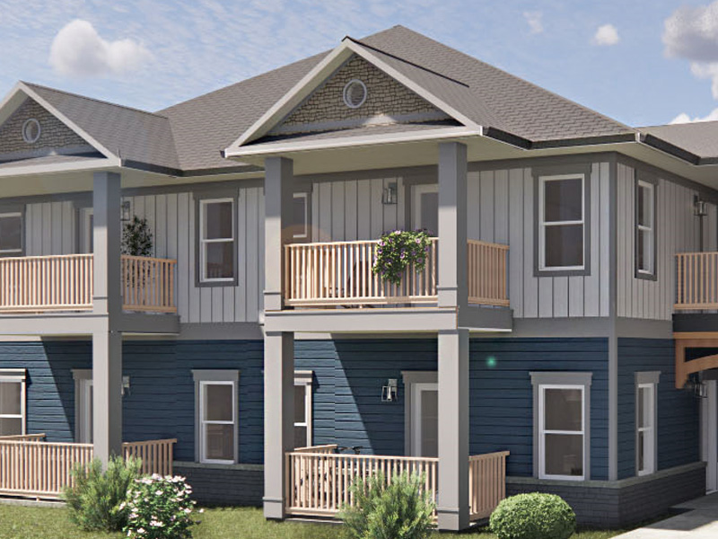 Rendering of the 11th Street Apartments during the day, showing the porches.