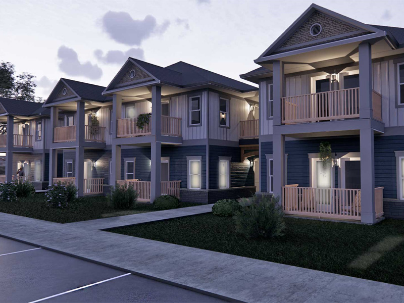 Rendering of the 11th Street Apartments at dusk.