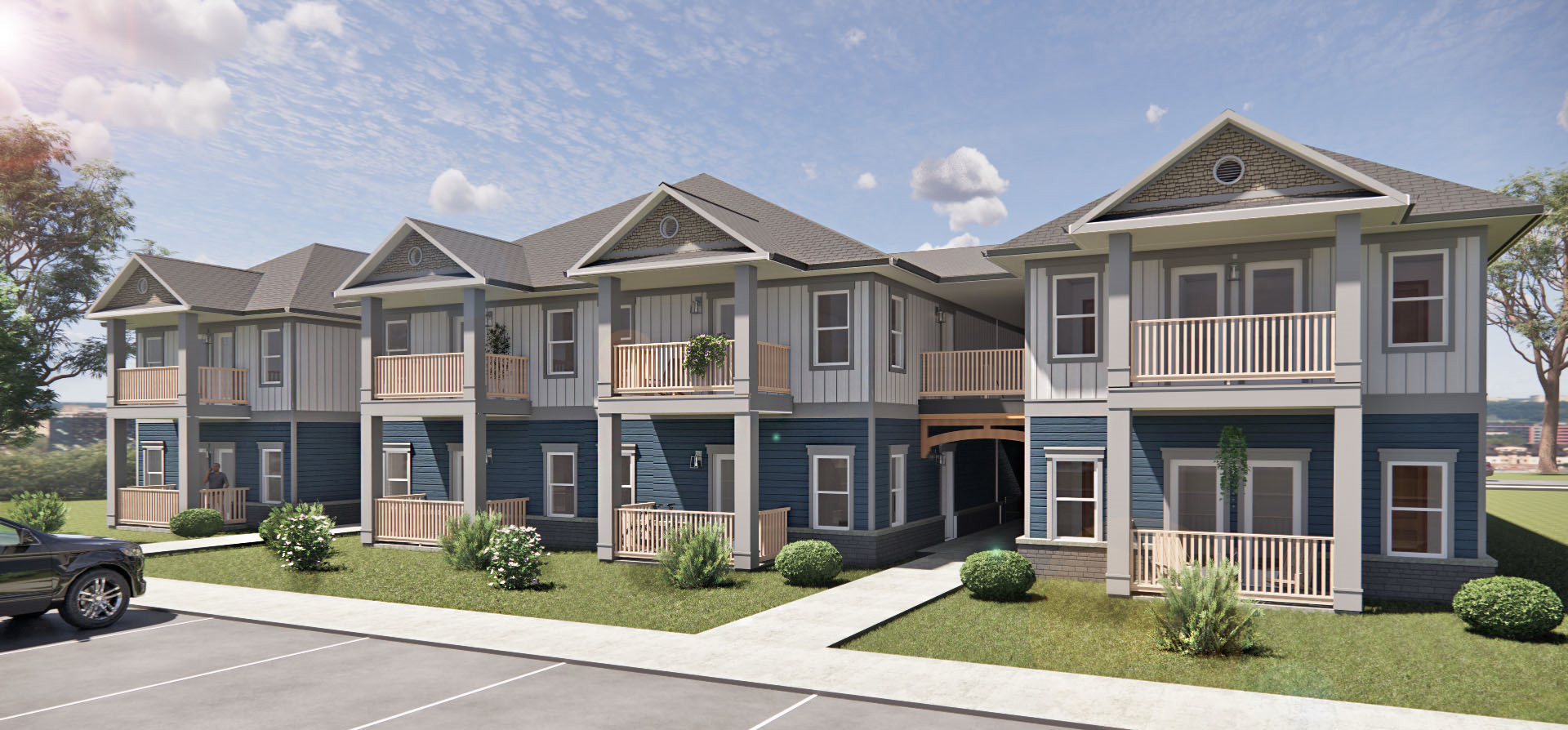 Rendering of the 11th Street Apartments from the front, during the daytime.