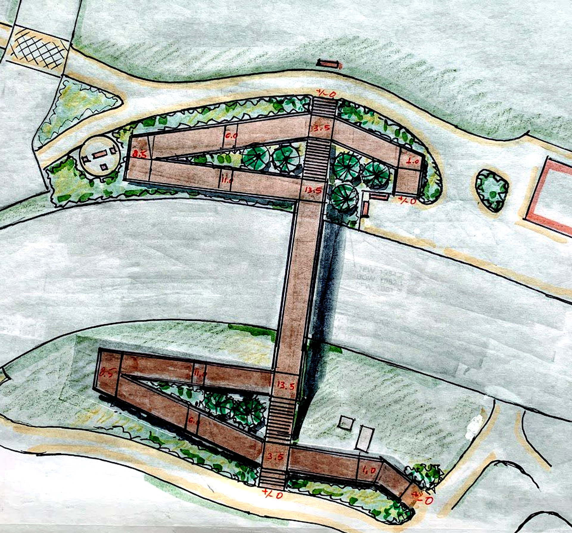 Top-down landscape sketch of the Carrier Park Pedestrian Bridge