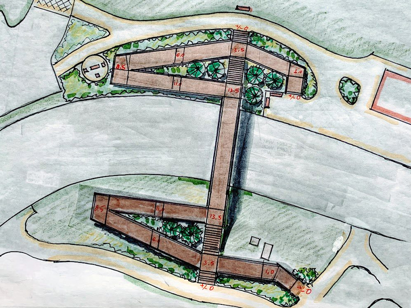 Carrier Park Pedestrian Bridge Feasibility Study with dimensions added to top-down sketch.