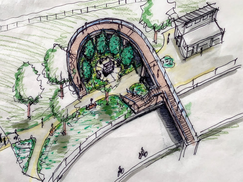 Carrier Park Pedestrian Bridge Feasibility Study concept sketch with landscape architecture elements.