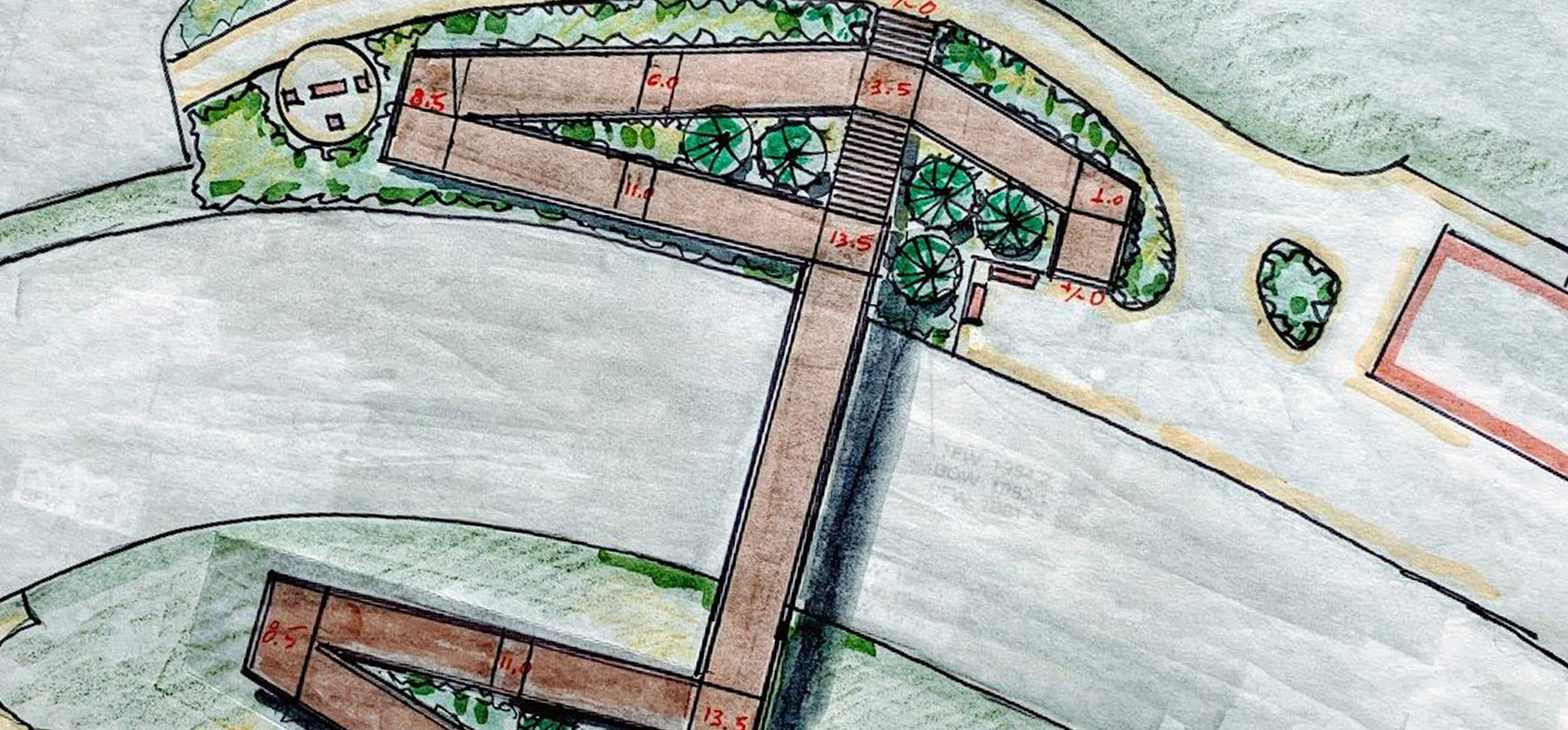 Carrier Park Pedestrian Bridge Feasibility Study concept sketch with dimensions