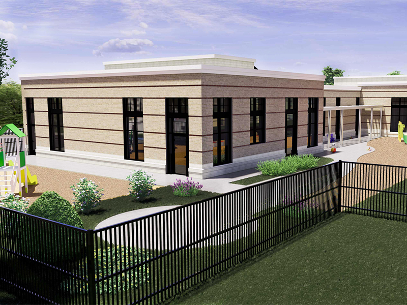 Mountain View Montessori School - Architectural Design Rendering of the fenced-off back playground and garden.