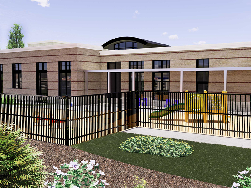 Mountain View Montessori School - Architectural Design Rendering of the back of the school, including the playground and landscape.