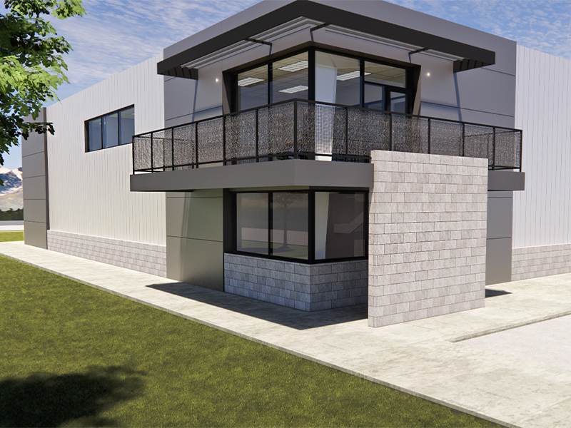 3D render of Craft Solutions warehouse/office building project from an angle.