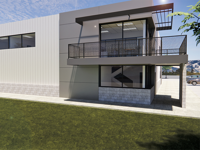 3D render of Craft Solutions warehouse/office building project from the front.