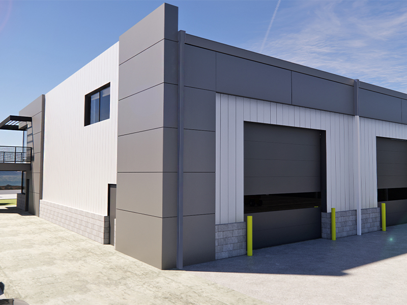 3D render of Craft Solutions warehouse/office building project from the back.