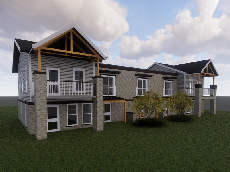 3D render of an architectural plan for the Chesapeake redevelopment housing authority multi-family apartments project from the back featuring porches.