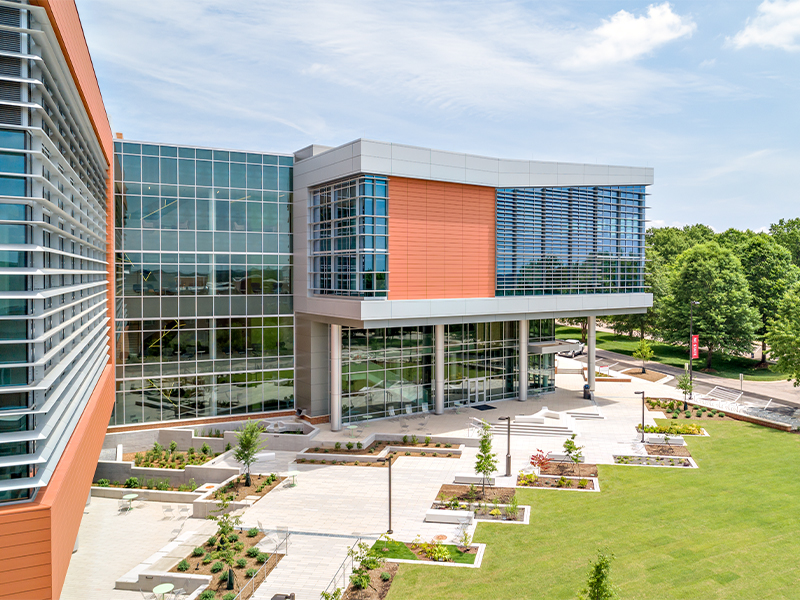 NCSU Plant Sciences Building entrance and courtyard.