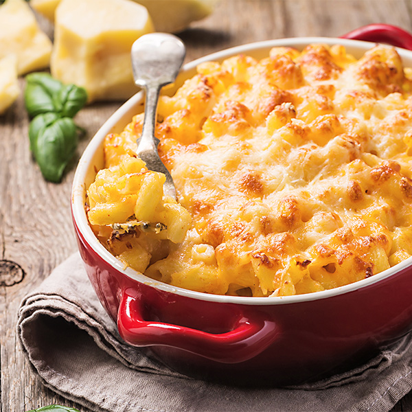 Picture of baked mac and cheese.