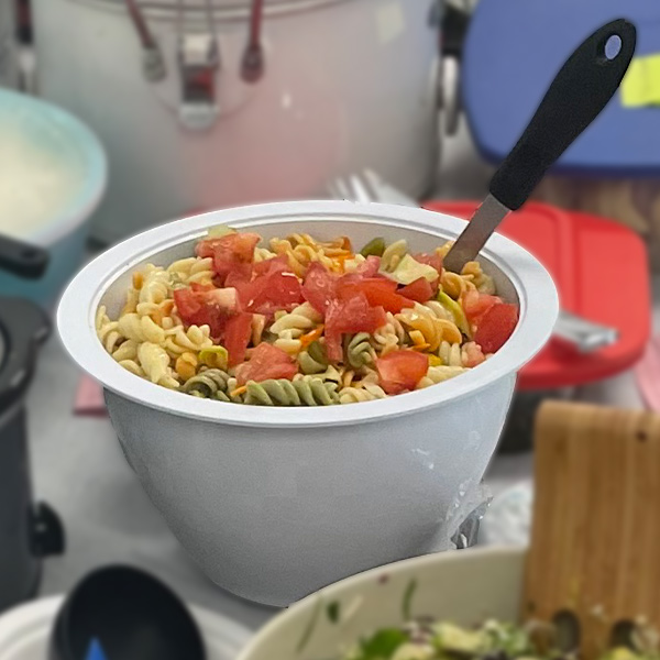 Pasta salad in a dish.