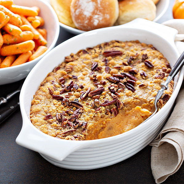 Sweet potato casserole in a dish.