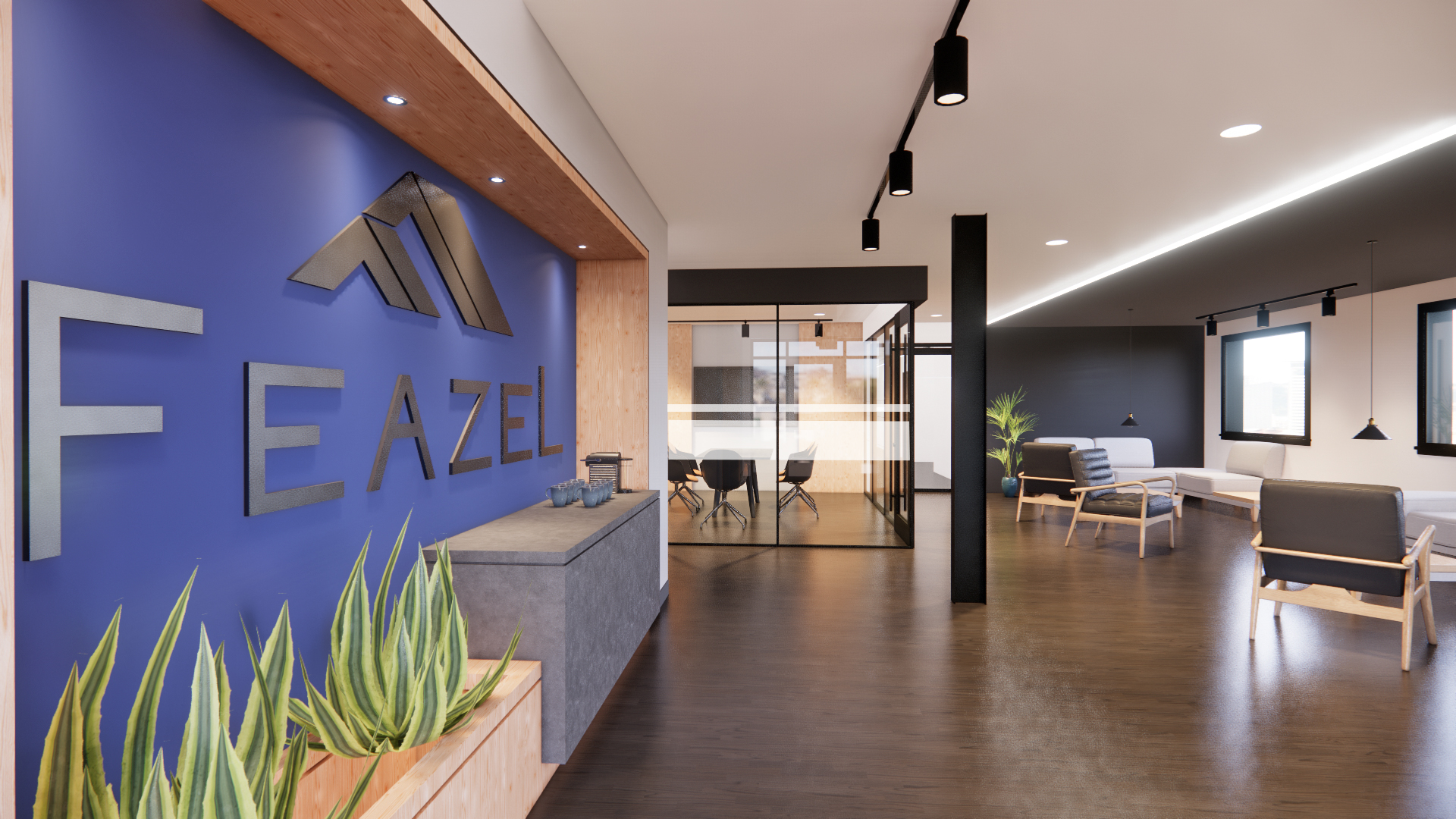 Another angle features a concept for Feazel done as a high-end render by the Architecture department. You can see glass walls enclosing meeting rooms with comfortable modern chairs in the open space between them.