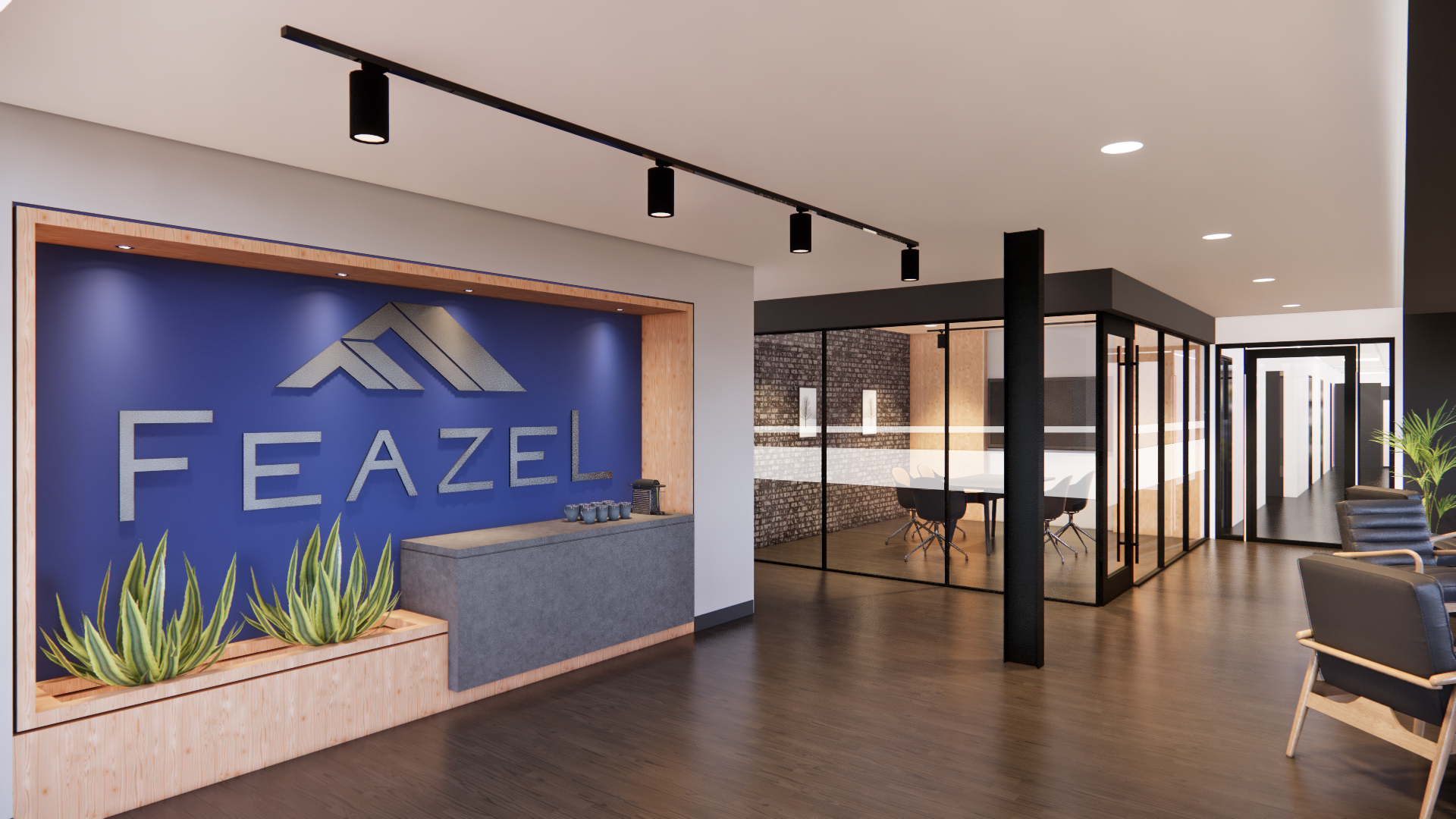 A high-end rendering of a concept for a business named Feazel. It features a coffee bar with a blue background and decorative plants. Further back, you can see glass meeting rooms and hallways.