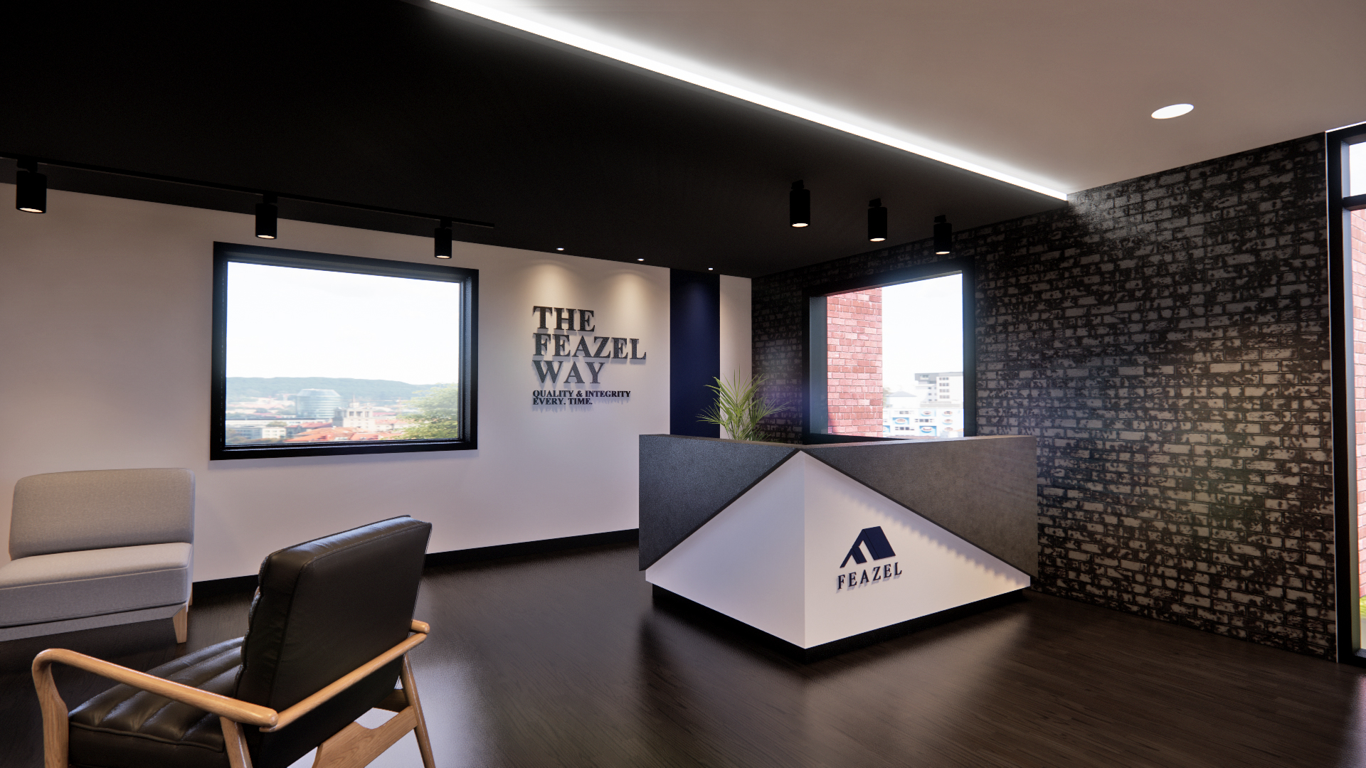 This is a high-end render of a business lobby. It shows a sleek, modern design featuring hard, triangular angles against a white, minimalist background. The floors are dark hardwood, and the walls are textured monochromatic brick.