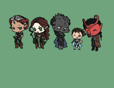 Digital art featuring a lineup of fantasy "chibis" for a dungeons and dragon game.