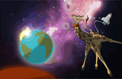 An artistic cartoon depiction of a giraffe floating in space outside of earth with a nebula in the background.