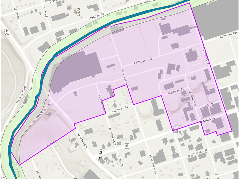 Hydrology map with buffers conducted for the Galax Small Area Plan